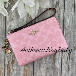 Coach Corner Zip Wristlet In Signature Canvas With Charms Purse Powder Pink
